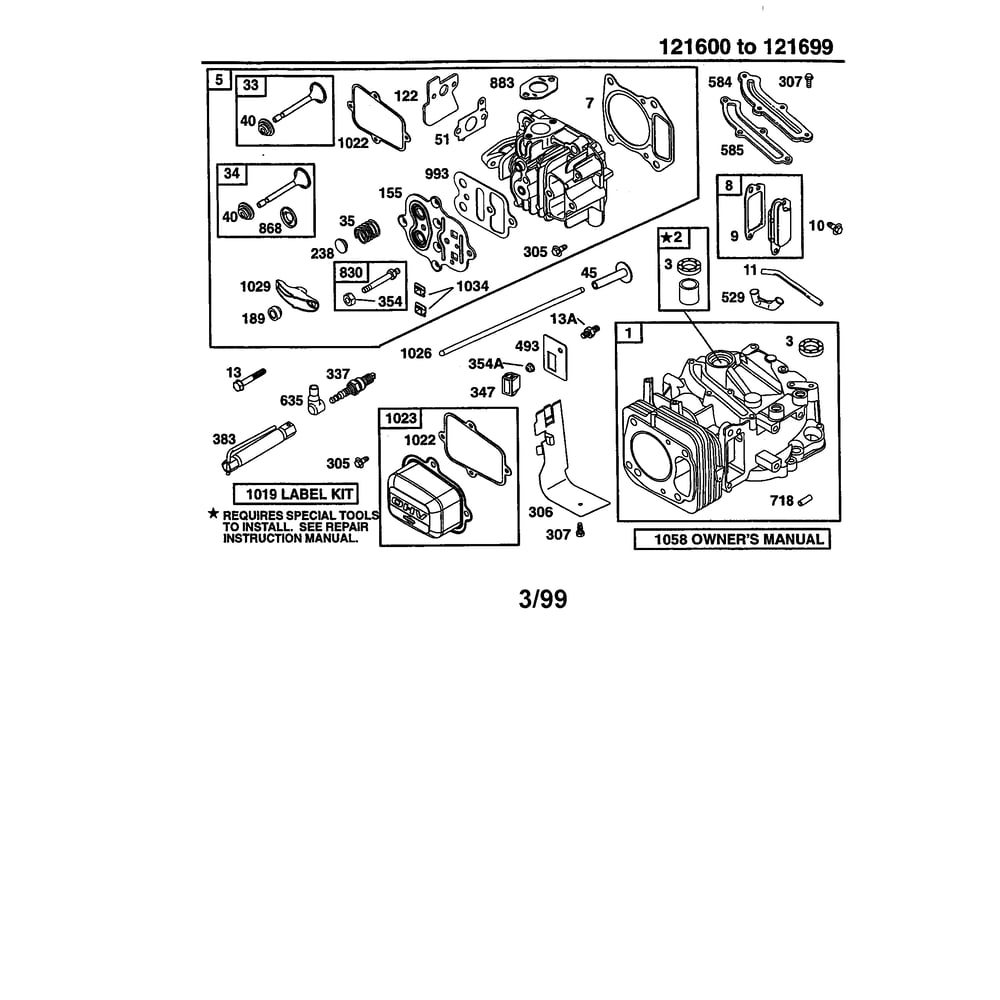 Cylinder Assembly Diagram and Parts List for 121602-0190  Briggs and Stratton Engine